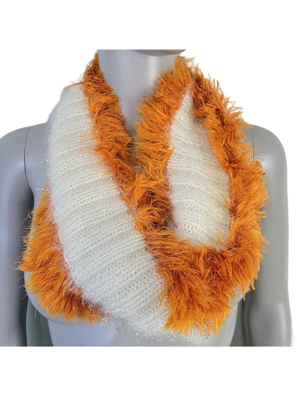 Orange Cream Fringe Cowl Women Winter Accessories Handmade Crochet Knit Scarf